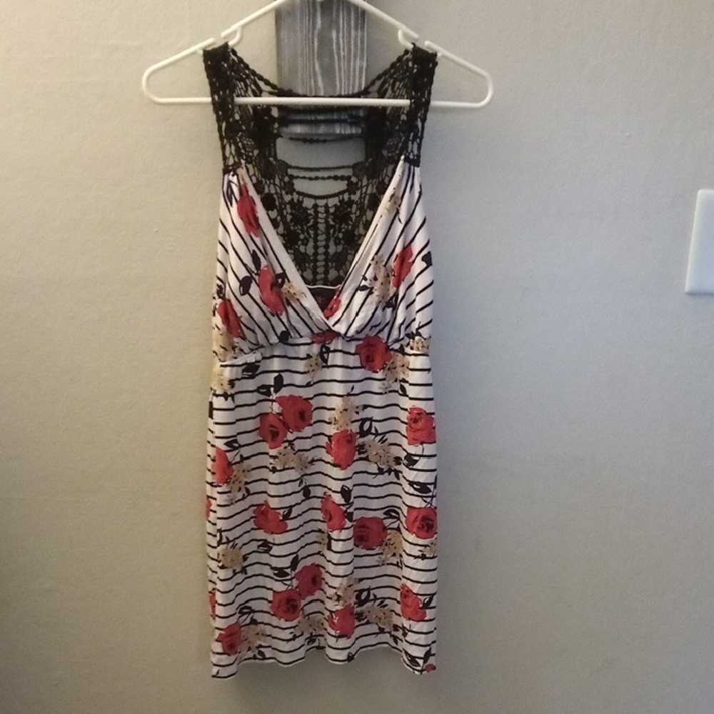 Bebe Black and White Striped Tank Top with Red Floral Design